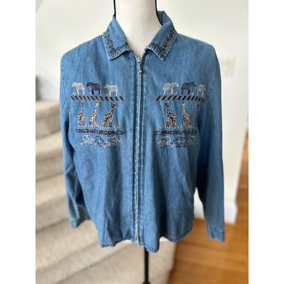 Vintage Embroidered Denim Safari Animal Jacket Leopard Vest Insert - Picture 1 of 8
